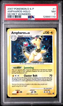 2007 POKEMON DIAMOND & PEARL SECRET WONDERS #1 AMPHAROS-HOLO PSA 7 - Image 1