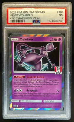 2021 Pokemon IDN SM Promo Mewtwo Holo KFC Chaki Kids Meal #184 PSA 7 NM - Image 1