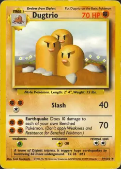 Dugtrio 19/102 Normal Rare Base Set Pokemon Card HP - Image 1