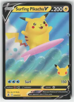Surfing Pikachu V #008/025 CLB Celebrations Ultra Rare Holo Pokemon TCG Card - Image 1