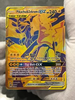 Pokemon TCG Pikachu & Zekrom GX SM248 Black Star Promo Gold Tag Team LP - Image 3