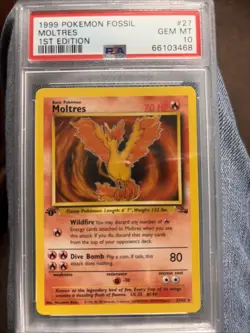 MOLTRES Pokemon Card - WOTC - 1st Edition - Fossil - 27/62 - Non-Holo - PSA 10 - Image 1