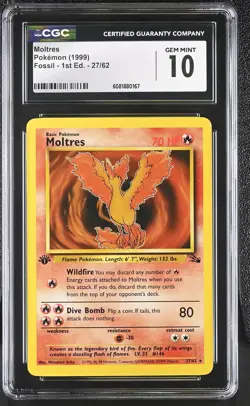 CGC 10 GEM MINT Moltres 1999 Fossil 1st Edition 27/62 Pokemon Card - Image 1