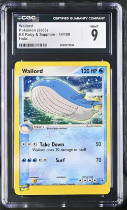 CGC 9 MINT Wailord 2003 EX Ruby & Sapphire 14/109 Holo Pokemon Card - Image 1