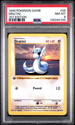 1st Edition Shadowless Dratini 26/102 Base Set Pokemon Card PSA 8 - Image 1