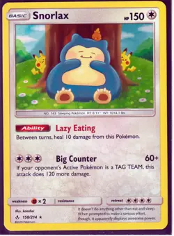 2019 POKEMON SNORLAX 158/214 -UNBROKEN BONDS- RARE- HOLO -NM/LP (S1) - Image 1