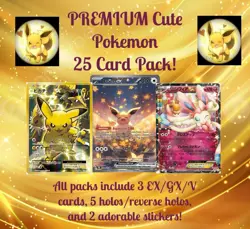 PREMIUM Cute Pokemon Card Pack (25x) HOLOS/REVERSES, 3 EX/GX/V, 2 CUTE STICKERS! - Image 1