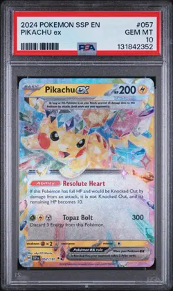 PSA 10 PIKACHU EX #057 DOUBLE RARE 2024 POKEMON SSP EN SURGING SPARKS - Image 1
