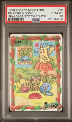 1998 POCKET MONSTERS SEALDASS STITCH TOUCH #10 PIKACHU & ODDISH PSA GEM MINT 10 - Image 1
