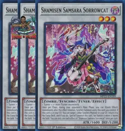 Yugioh! 3x Shamisen Samsara Sorrowcat MP23-EN189 Ultra Rare 1st Ed NM - Image 1