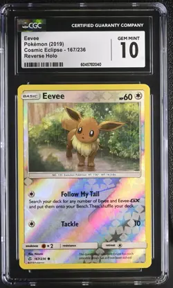 Pokemon Card EEVEE Reverse Holo #167 Sun & Moon Cosmic Eclipse CGC 10 GEM MINT - Image 1
