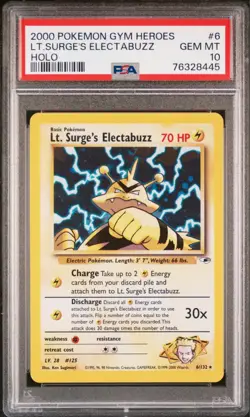 2000 POKEMON GYM HEROES HOLO #6 LT. SURGE'S ELECTABUZZ PSA 10 - VERY CLEAN CARD - Image 1