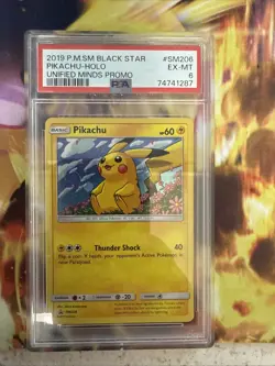 2019 Pokemon Pikachu Holo Promo Card Unified Minds #SM206 EX-MT PSA 6 Low Pop - Image 1