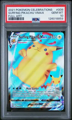 2021 POKEMON CELEBRATIONS #009 FULL ART/SURFING PIKACHU VMAX PSA 10 - Image 1