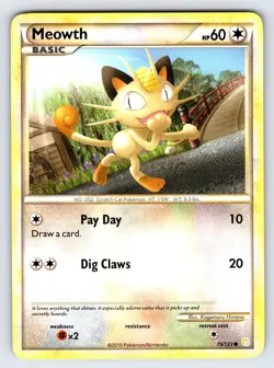 Meowth 75/123 2010 HeartGold SoulSilver Pokemon Card TCG Nintendo Common - Lp - Image 1