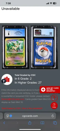 CGC 6 Leafeon 24/100 Reverse Platinum Stamp Majestic Dawn Pokemon 2008 Pop 2 - Image 3