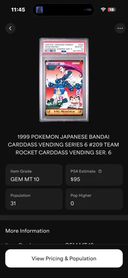 POP 31! Pokemon Japanese Bandai Carddass Anime Collection 209 Team Rocket PSA 10 - Image 3