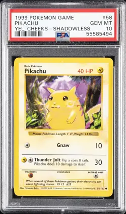 1999 POKEMON GAME YELLOW CHEEKS-SHADOWLESS #58 PIKACHU PSA 10 - Image 1