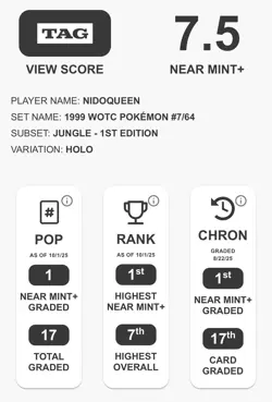 Pokemon Nidoqueen Jungle 1st Edition Holo Rare #7 TAG 7.5 POP 1 - Image 3