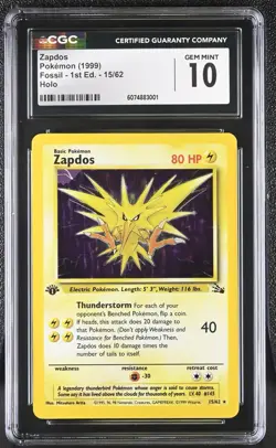 CGC 10 GEM MINT Zapdos 1999 Fossil 1st Edition 15/62 Holo Pokemon Card - Image 1