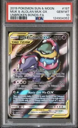 2019 POKEMON SUN & MOON UNBROKEN BONDS #197 MUK & ALOLAN MUK GX Tag Team PSA 10 - Image 1