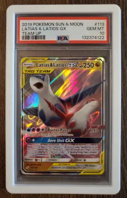2019 POKEMON SUN & MOON TEAM UP #113 LATIAS & LATIOS GX PSA 10 w/ Guard - Image 1