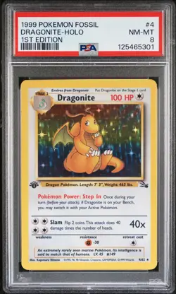 1999 POKEMON FOSSIL 1ST ED #4 DRAGONITE-HOLO PSA 8 - Image 1