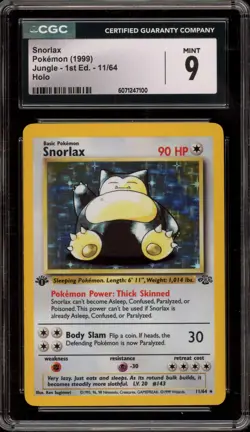 Pokemon Snorlax Jungle 1st Edition Holo Rare #11 CGC 9 Mint - Image 1