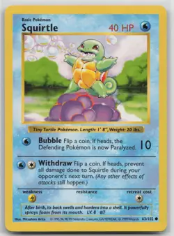 SHADOWLESS Pokemon Card Squirtle Common Base Set (Shadowless) 063/102 LPVintage - Image 1
