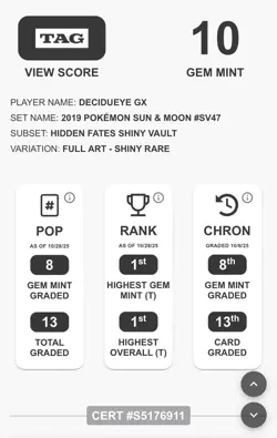 TAG GEM MINT 10 Decidueye GX SV47 Hidden Fates Shiny Vault Pokemon (#1 Overall) - Image 3