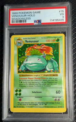 1999 Shadowless Venusaur #15 Holo Rare Base Set Pokemon Card PSA 3 VG - Image 1