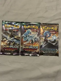 New Sealed 2 Sun and Moon Guarding Rising Packs & 1 XY Steam Siege Pokemon Cards - Image 1