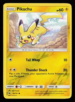 Pikachu 40/147 Reverse Holo Burning Shadows Pokemon Card - Image 1