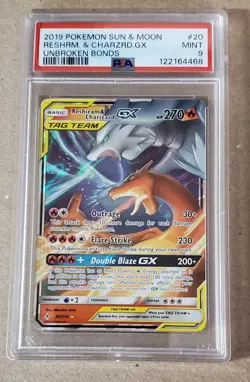 RESHIRAM & CHARIZARD GX 20/214 HOLO POKEMON SUN & MOON UNBROKEN BONDS PSA 9 MINT - Image 1