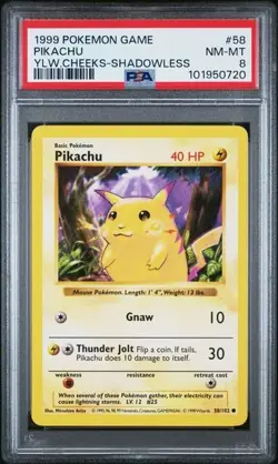 PSA 8 Pikachu Shadowless Pokemon Card 58/102 WOTC Base Set Yellow Cheeks NM NEW - Image 1