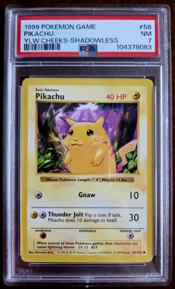 1999 Pokemon Base Set Shadowless Pikachu Yellow Cheeks PSA 7 - Image 1