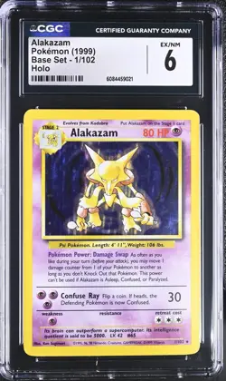 CGC 6 EX/NM Alakazam 1999 Base Set 1/102 Holo Rare Pokemon Card - Image 1