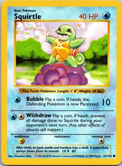 Squirtle 063/102 Common Base Set (Shadowless) LP Pokemon TCG - Image 1