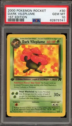 Pokemon Dark Vileplume Team Rocket 1st Edition NON Holo Rare #30 PSA 10 Gem Mint - Image 1