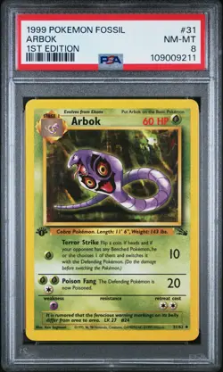 Pokemon Card Arbok 31/62 1st Edition Fossil Set 1999 PSA 8 NM-MT - Image 1