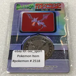 Pokemon Meiji Dairy Metal Medal Coin - No.142 Aerodactyl with Rare Folder #2518 - Image 1