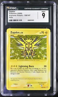 CGC 9 MINT Zapdos 2009 Supreme Victors 150/147 Holo Pokemon Card - Image 1
