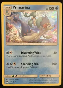 Primarina 41/149 Shattered HOLO Rare Pokemon Sun and Moon Base TCG Card NM 2017 - Image 1