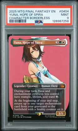 2025 MTG FINAL FANTASY CHARACTER BORDERLESS #0404 YUNA, HOPE OF SPIRA PSA 9 - Image 1