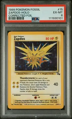 PSA 6 1999 POKEMON FOSSIL #15 ZAPDOS-HOLO CORRECTED FOIL Fast & Free Delivery! - Image 1