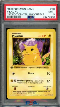 1999 Pokemon 1st Edition Base Set Shadowless Pikachu #58 Yellow Cheeks PSA 9 - Image 1