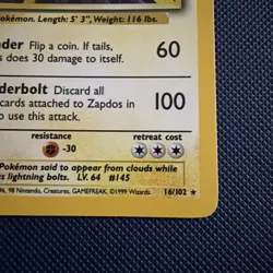 Pokemon TCG Zapdos Holo Rare Card 16/102 Base Set 1999 WOTC MP Condition - Image 3