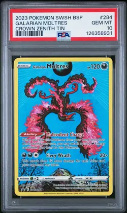 2023 POKEMON SWSH BLACK STAR PROMO CROWN ZENITH TIN #284 GALARIAN MOLTRES PSA 10 - Image 1