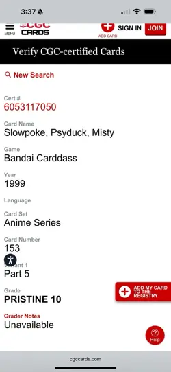 1999 POKEMON JPN BANDAI CARDDASS SER 5 MISTY/PSYDUCK/SLOWPOKE CGC Pristine 10 - Image 5
