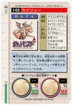 Dragonite 149 1996 Pokemon Japanese Bandai Carddass Vending (Red Version) - Image 2